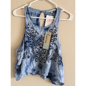 Cecico Women Blue Tie Dye Embroidered Sleeveless Boho Tank Top Size L 2PB400